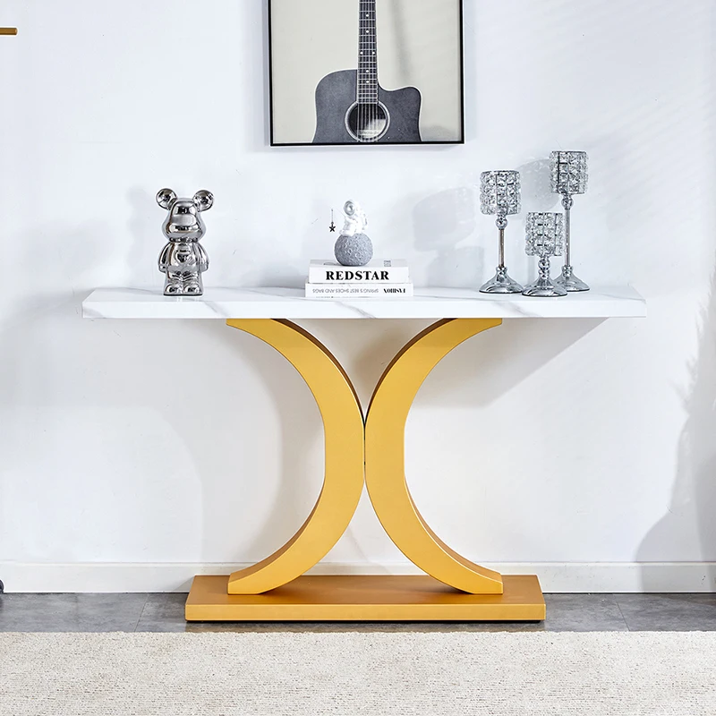 A modern minimalist style foyer table with white tabletop, gold bracket, and bottom plate suitable for the foye