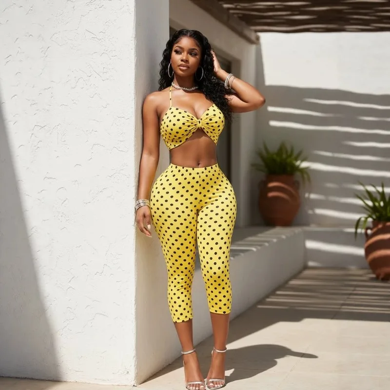 2026 Women Polka‑Dot 2‑Piece Outfit Set Halter Twist Front Crop Top + High‑Waist Capri Pants Bodycon Matching Vacation Tracksuit