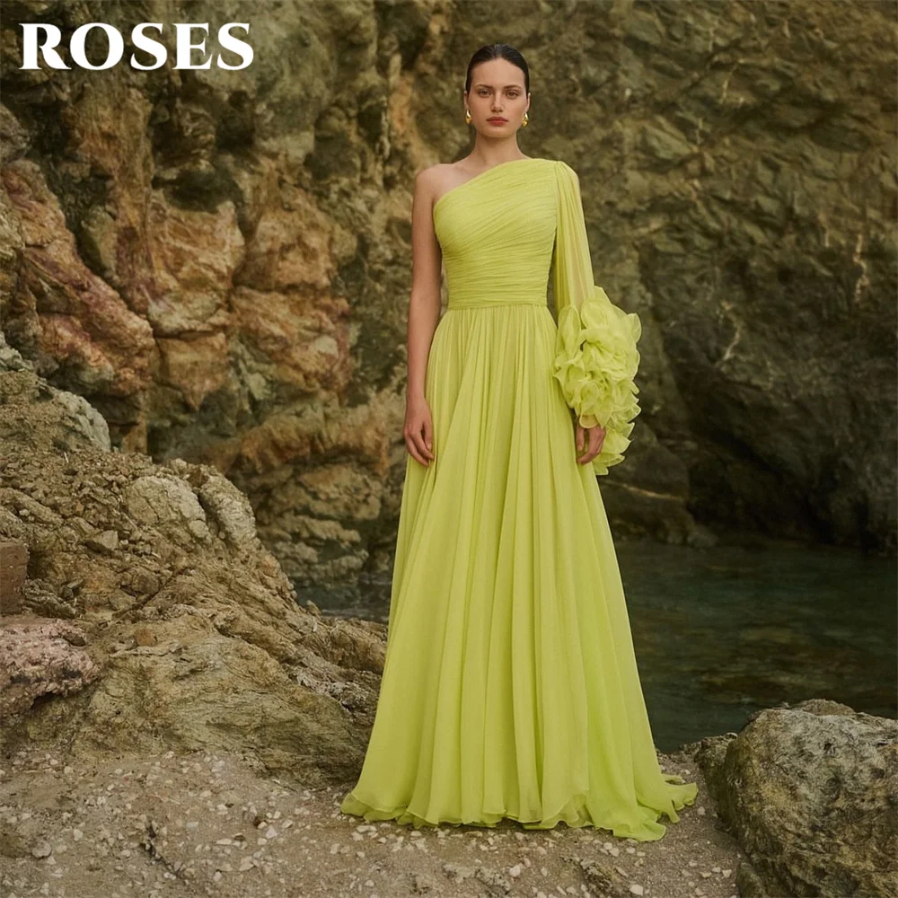 ROSES Vestidos de fiesta de gasa verde lima, vestidos de noche de un solo hombro con manga larga, vestido de fiesta de graduación en línea A, فساتين سهره Simple personalizado