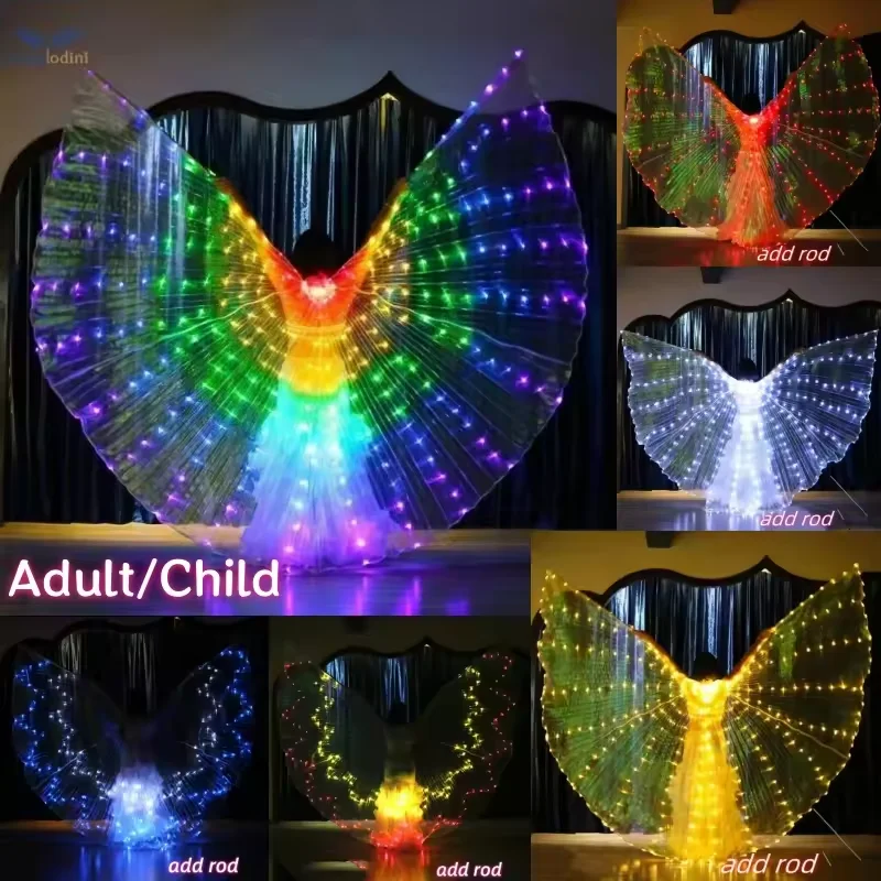 Kleurrijke LED-gloeiende vlindervleugels prestatiekostuum voor kinderen Buikdansoutfit Fluorescerende cape Polyestervezel