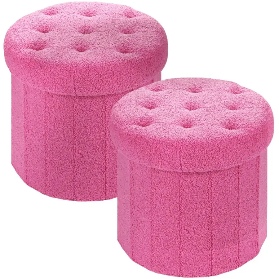 

Pink Round Ottoman with Storage,2 Pack Foot Rest Stool with Thicker Foam Padded Seat Teddy Velvet Cut 14 x 14 x 13 Inchs Small