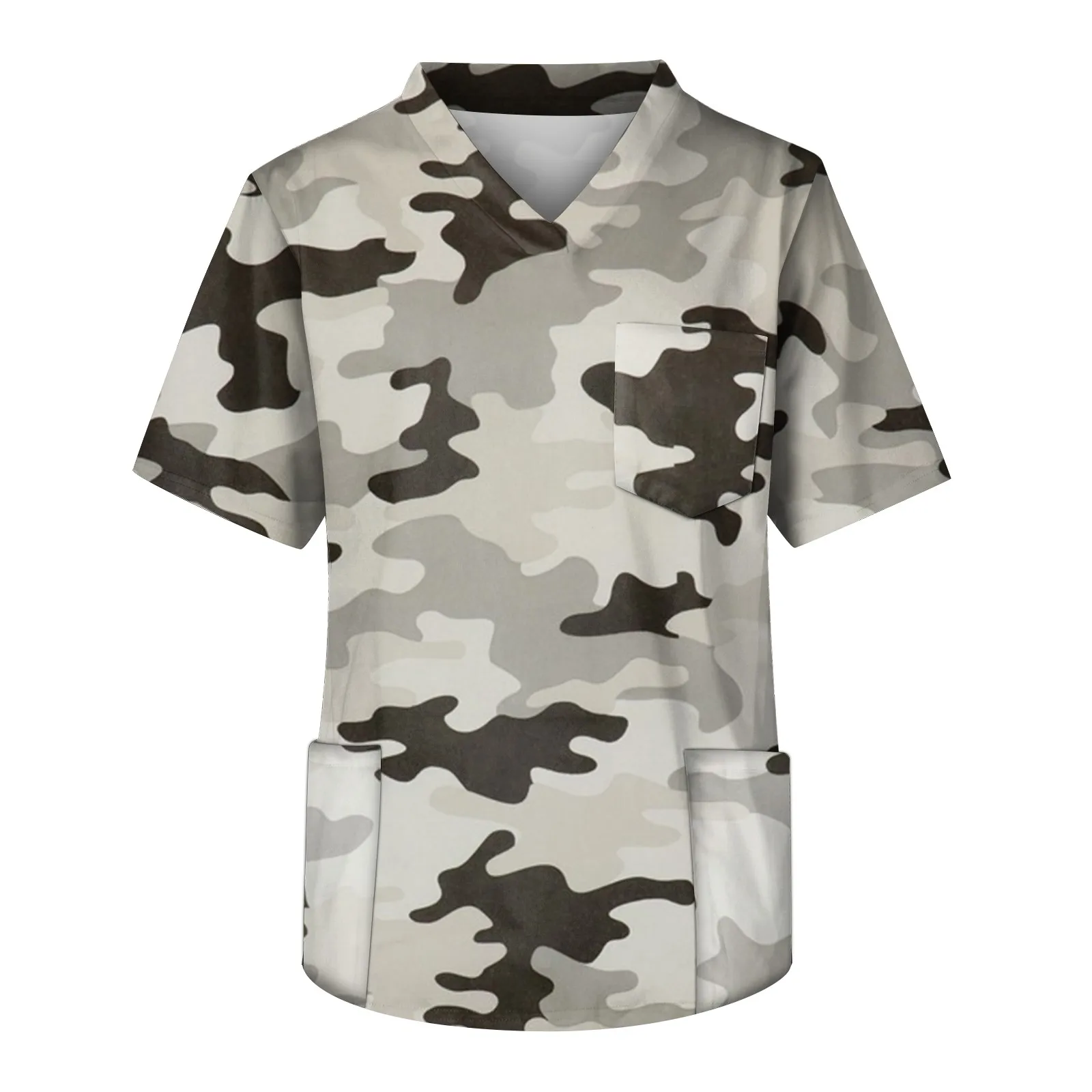 Men'S Camouflage Print Nurse Uniforms Short Sleeve V-Neck Tops Working Pocket Blouse Male Scrub Working Uniform T-Shirts