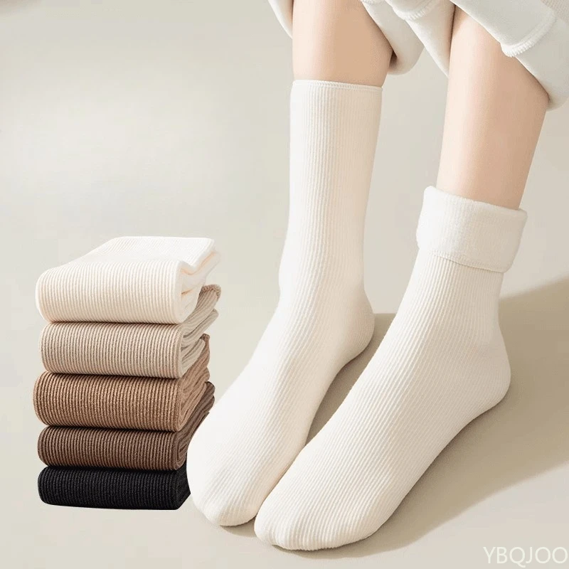 5 pairs of women's plush thick autumn winter mid length sleeping warm simple comfortable casual long socks