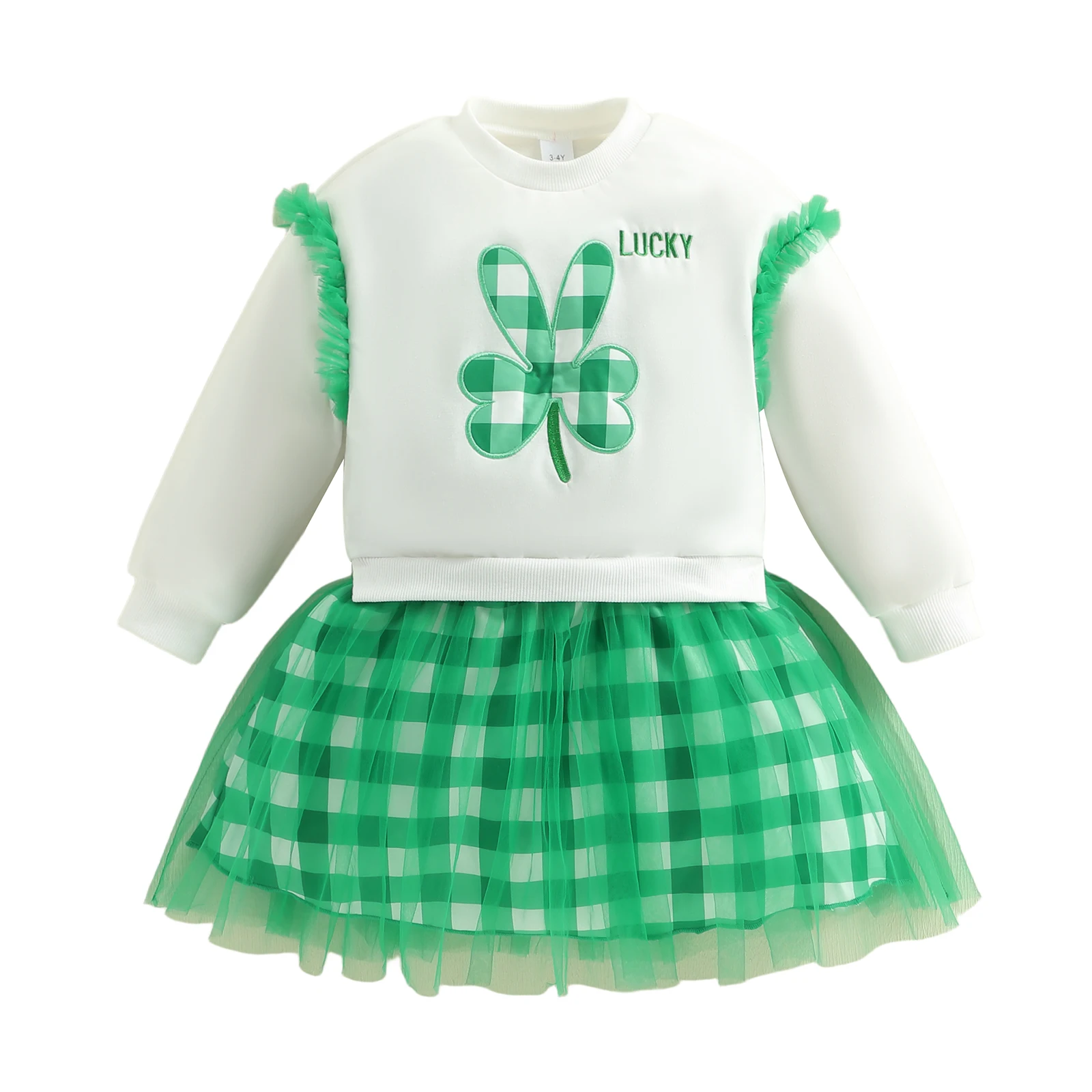 فستان رائع للفتيات الصغيرات في عيد القديس باتريك مع تطريز شامروك وتصميم مرقع منقوش وأكمام طويلة أنيقة للأطفال الصغار #4