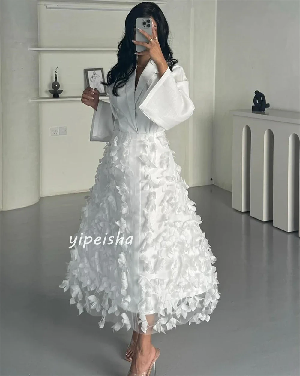 Customized Prom Gown Jersey Flower Tassel Valentine's Day A-line V-neck Dresses Exquisite High Quality Occasion Dress for Women