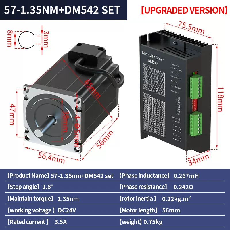 57 Stepper motor set 57BYGH56 torque 1.35N.M length 56MM+DM542 driver 4.0A for 3D printers