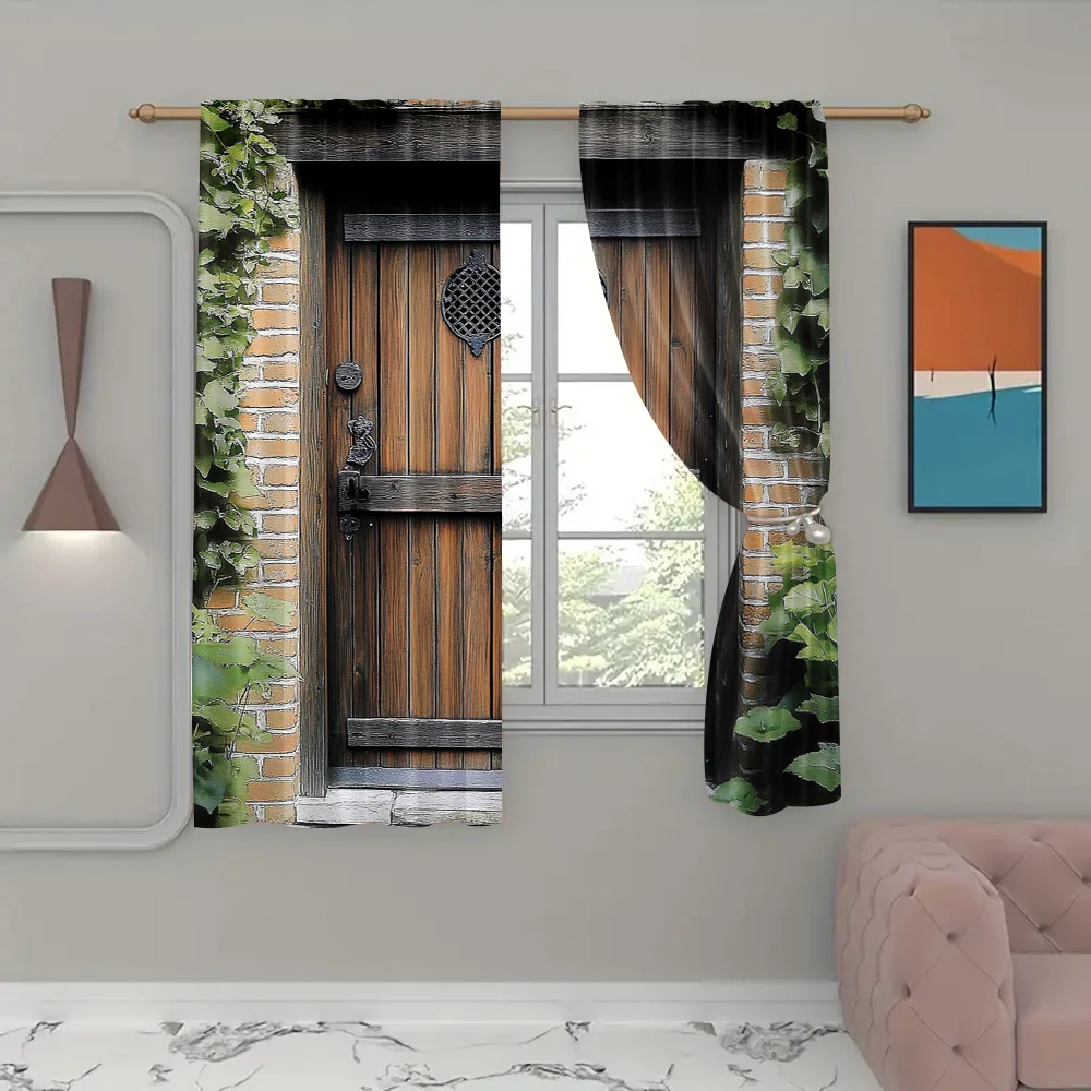 2Pcs Rustic Curtains Spanish Style Dark Stained Wood Door Secret Garden For Living Room Bedroom Decor Drapes C