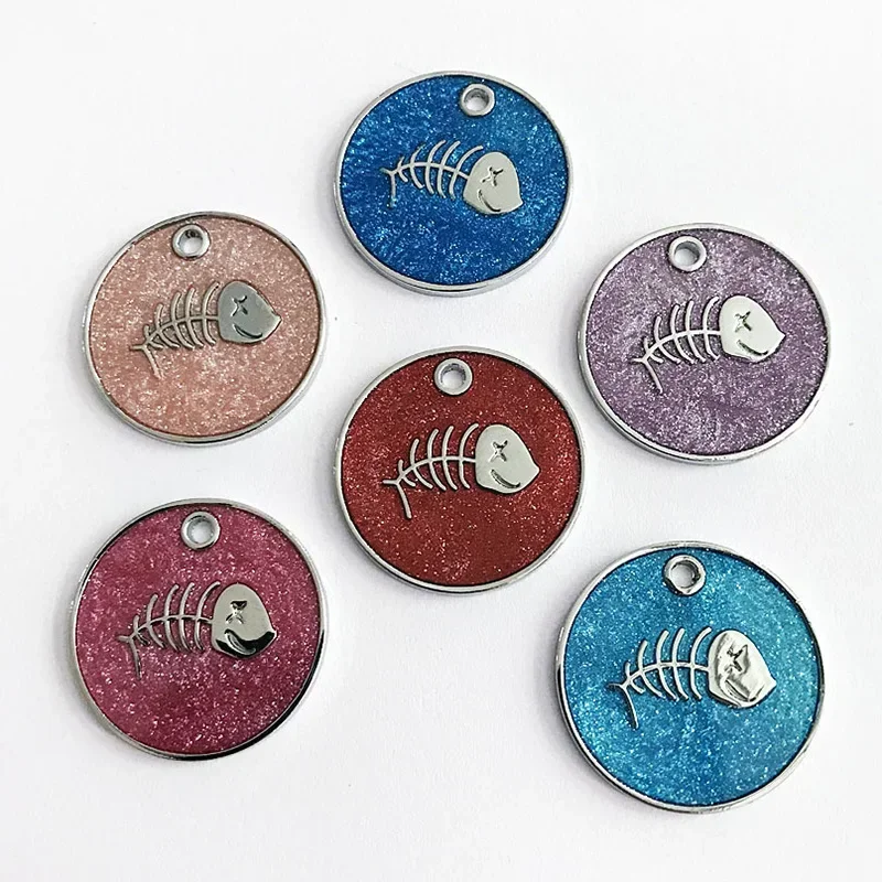 1/3Pcs Random Color Fish Bone Printed Glitter Dogs ID Name Tag Pet Anti-lost Collar Pendant Pets Dog Cat Decoration