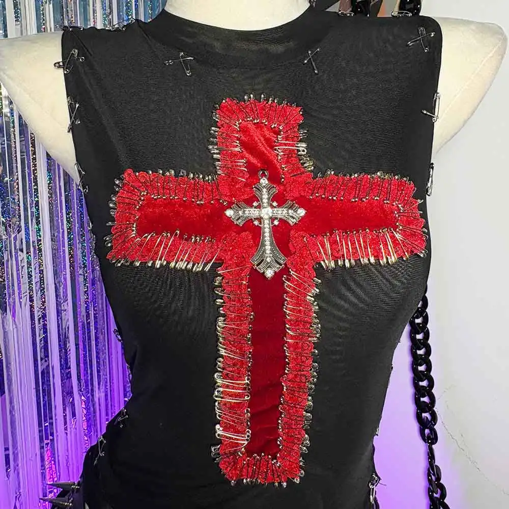 Goth Cross Eco Pin 90s Gothic Tank Fashion Revival E-Girls Grunge Hand Made Harajuku Punk Rock Club Wear Y2K TOPS Teen Emo