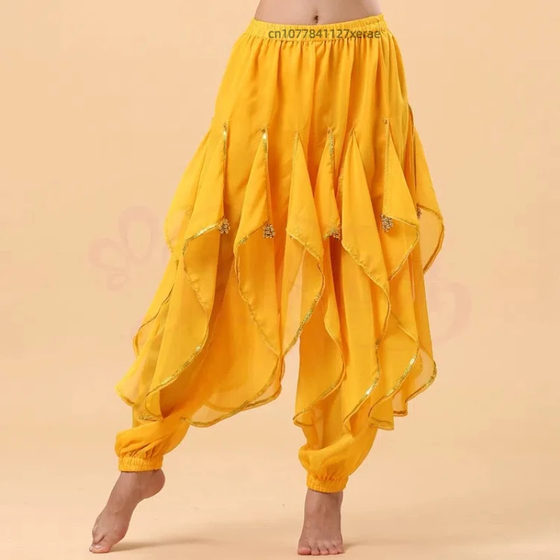 Spettacolo di costumi di danza indiana per adulti, nuovo vestito per la pratica della danza del ventre, pantaloni rotanti con bordo dorato in chiffon per praticare le abilità