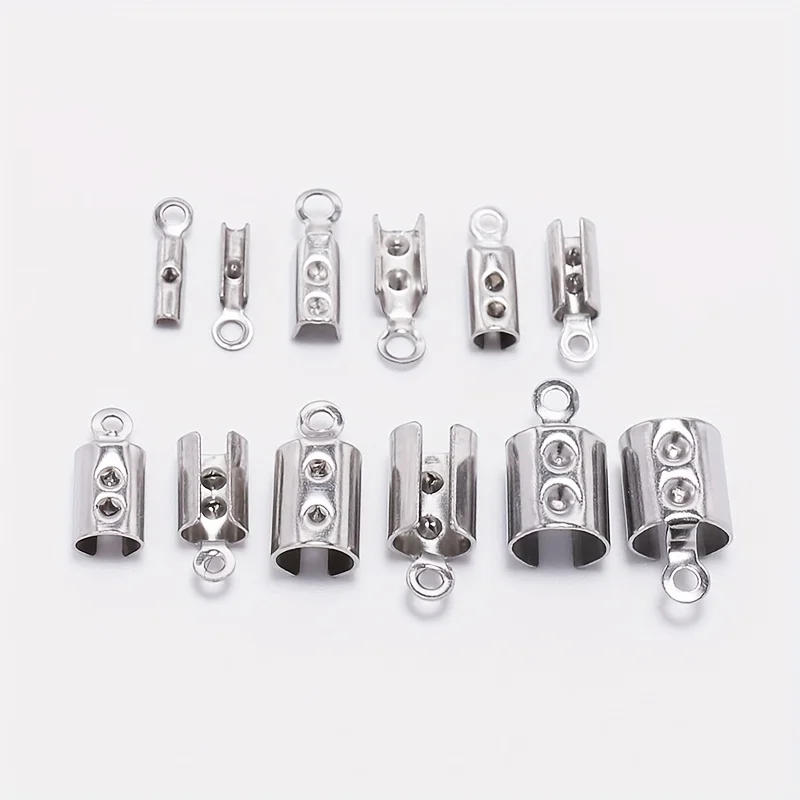 35Pcs/lot Stainless Steel Cords Crimp End Beads Clasps With Hole Leather Clip Tip Fold