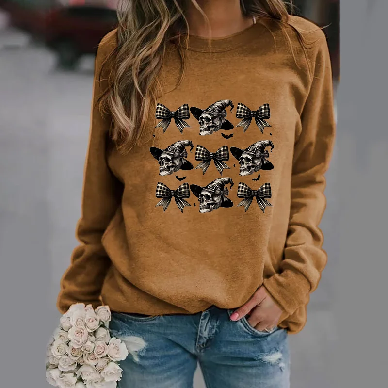 Skull Bow Pattern Pullover Women's Halloween Witch Skull Harajuku Sweater Long Sleeve Women's Tops