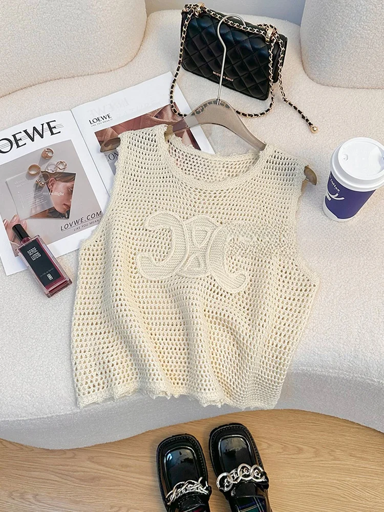 

Летний повседневный вязаный жилет с вырезом, женская майка на бретелях, верхняя одежда, дышащий легкий модный тренд