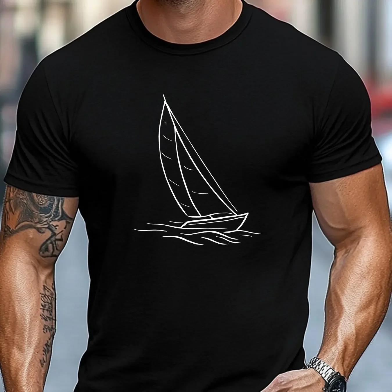 Men's 100% Cotton T-shirt Casual Loose Fit Minimalist Sailboat Pattern Summer Crew Neck Short Sleeve T-shirt