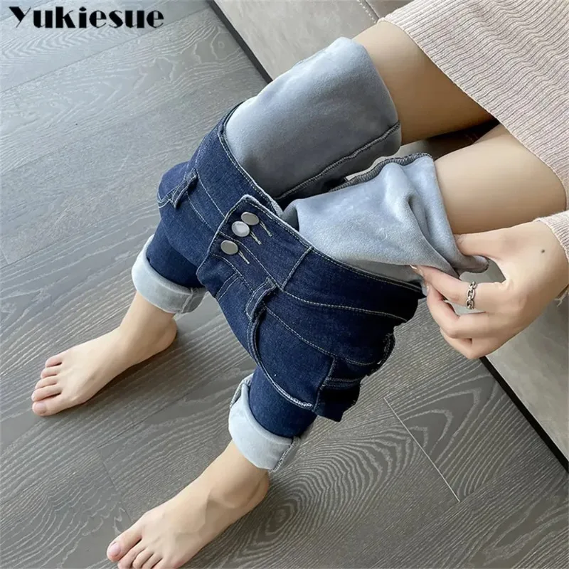 2025 Autumn Winter High Waist Warm Thickening Velve Denim Pencil Pants Skinny Slim Warm Trousers Female Women Fleece Jeans Pants