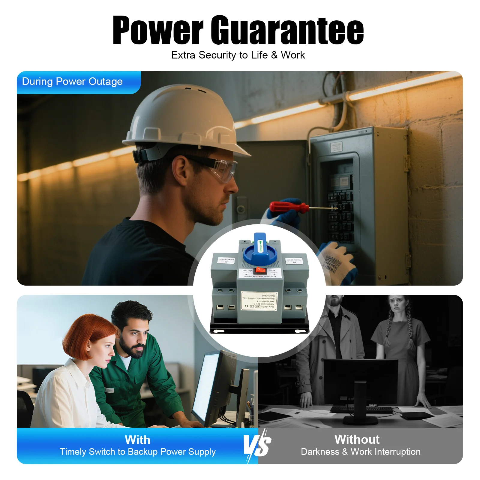 مفتاح نقل تلقائي مزدوج الطاقة 2P/63A - تبديل تلقائي/يدوي لنقل سلس ثانٍ، مستوى CB معتمد للمصاعد