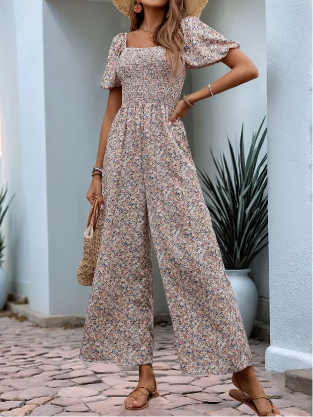 

Square neck bubble sleeve wide leg jumpsuit