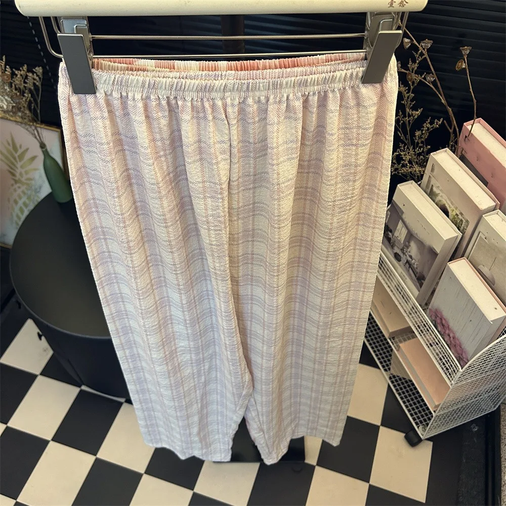 

Chic Casual Long Pants Women Stripe Loose Plaid Straight Leg Pants Spring Summer High Waist Wide Leg Pants Indoor Outdoor