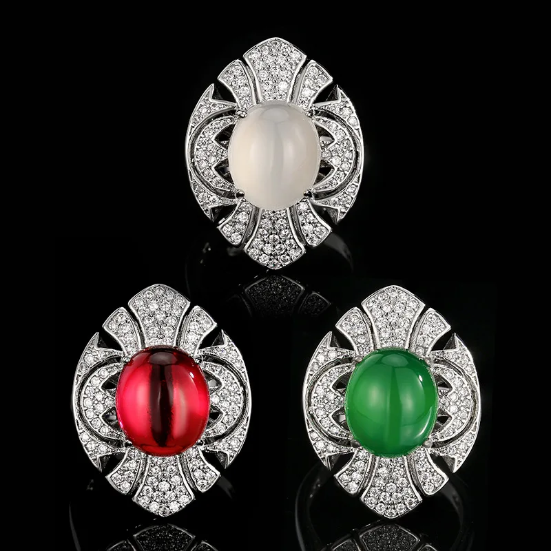 

Adjustable Red Oval Gemstone Ring Vintage Art Deco Style Cubic Zirconia Halo Size Flexible Elegant Women's Statement Jewelry