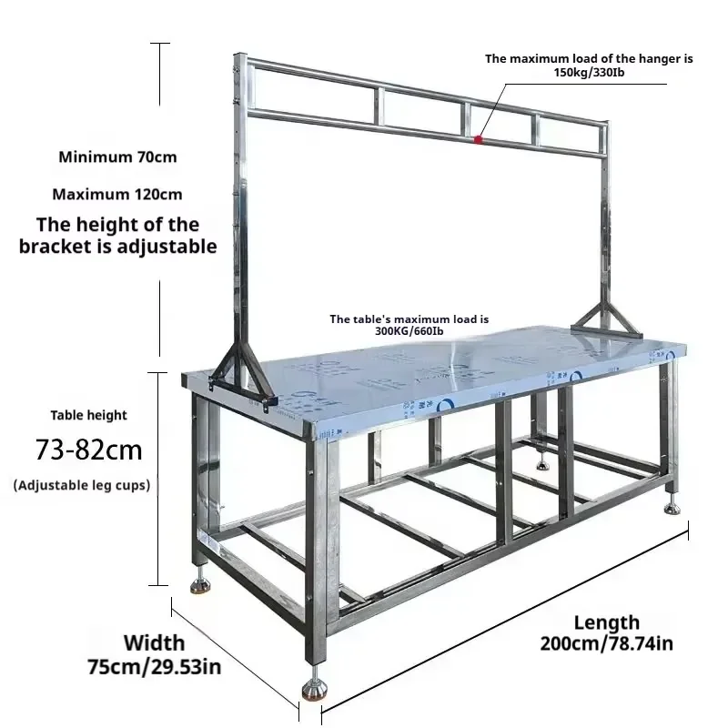 Customizable 200cm Stainless Steel Meat Hanging Butcher Table, Adjustable Height Commercial Kitchen Cutting Workbench