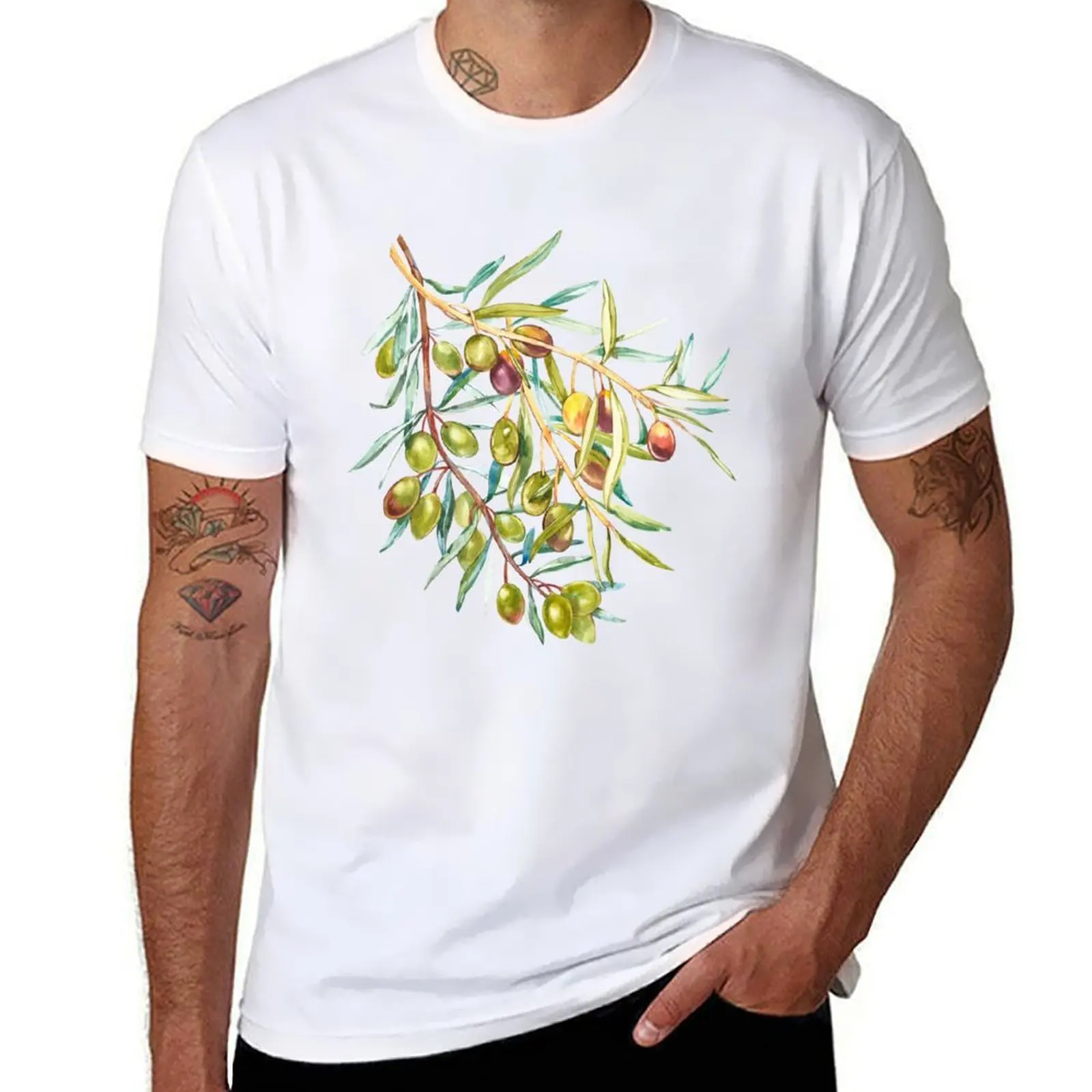 Camiseta de rama de aceitunas verdes, camiseta de hombre, Camiseta de algodón negro, camiseta lisa para hombre, paquete