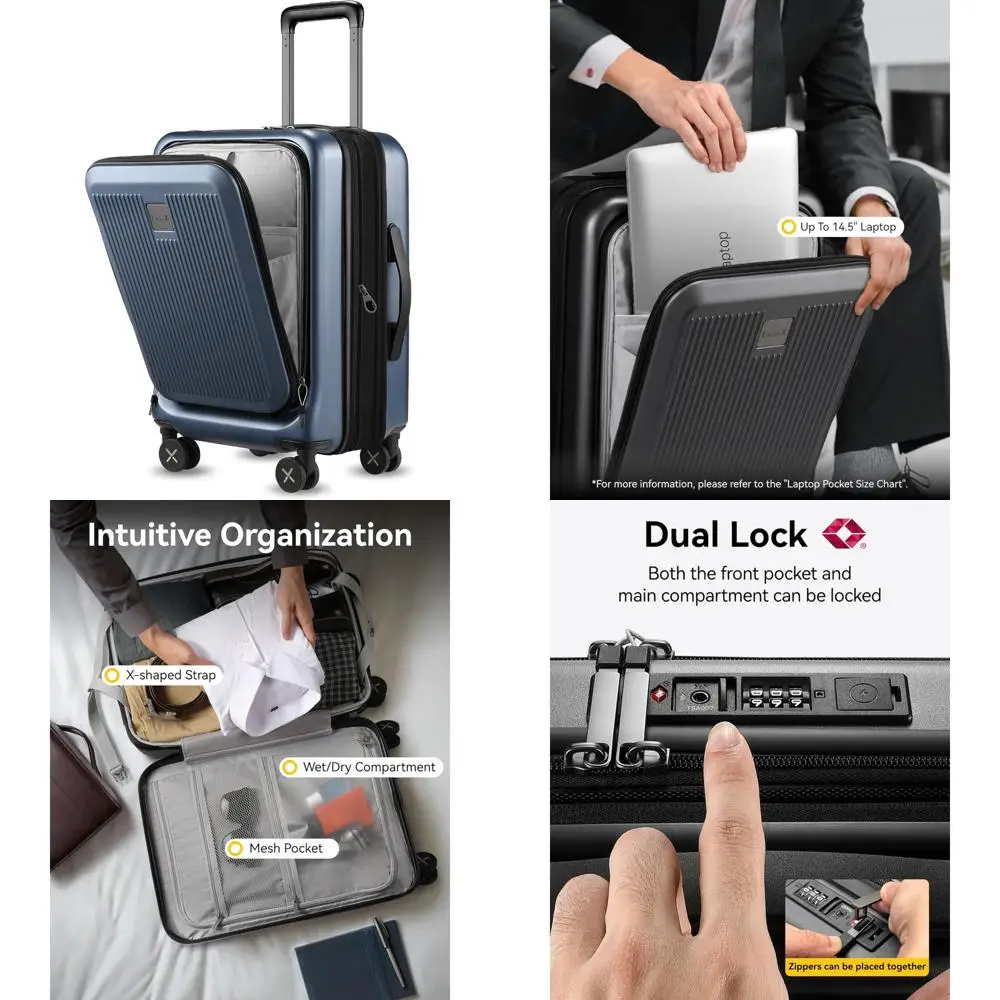 

Expandable Hard Shell Suitcase with USB Port, Airline Approved, 22x14x9 Carry-On Luggage, Front Pocket, Blue