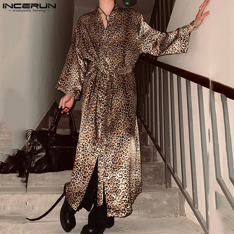 INCERUN Men Long Style Shirts Leopard Printing V Neck Long Sleeve Cardigan Male Kimono Lace Up Streetwear 2024 Fashion Shirt Men