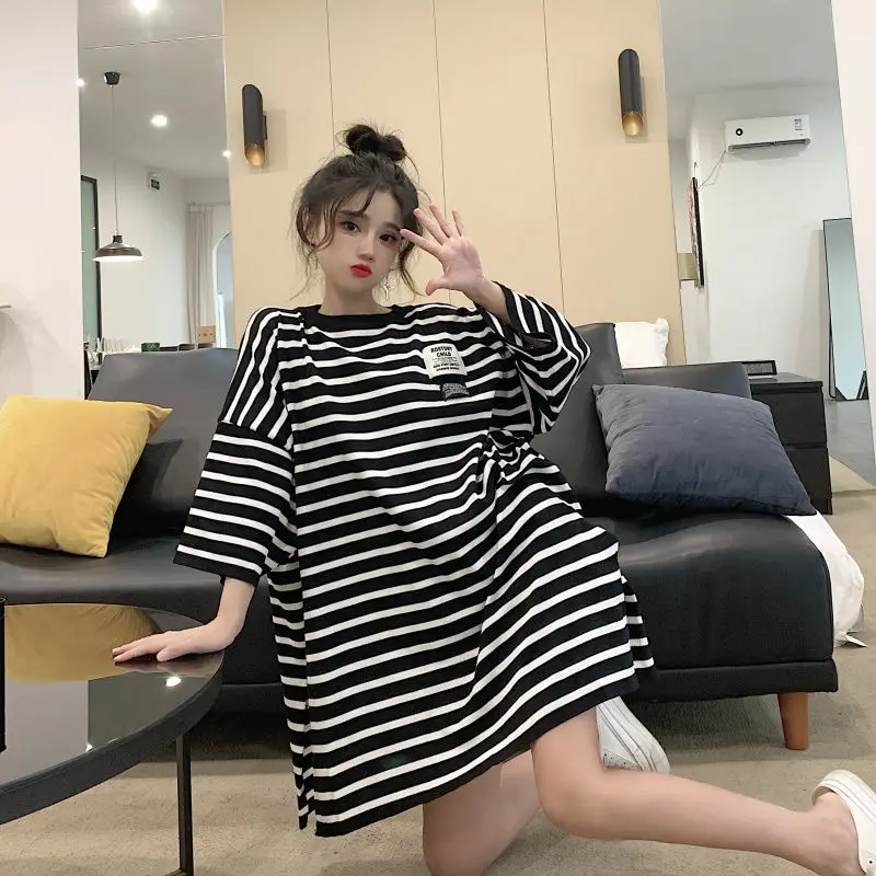 Striped Plus Size Casual SimplicityT Shirt Summer Fashion Korean Short Sleeve O-Neck Medium and Long T-shirt Skirts Streetwear