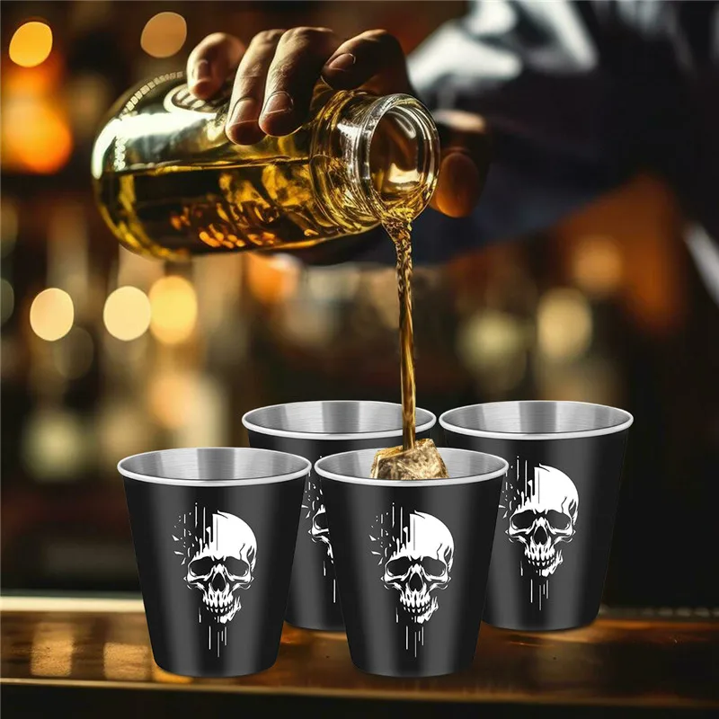 4pcs/set 70ml/2.39oz Skull Head Pattern Shot Glasses Metal Wine Liquor Cups for Kitchen Club Party Barware Event Wedding Gift