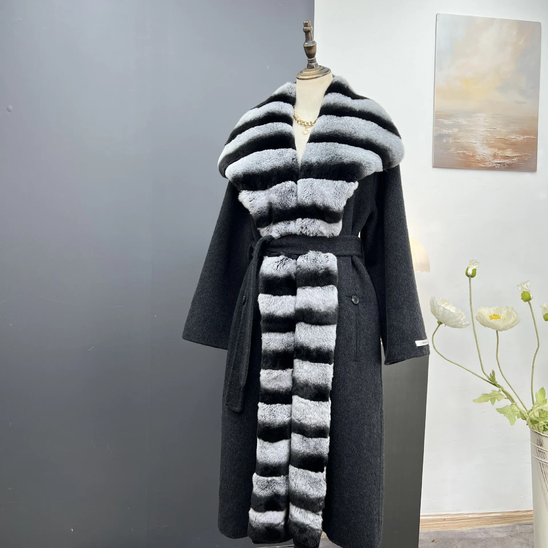 2024 Autumn/Winter New Cashmere Double sided Coat Women's Long Style Imitation Totoro Otter Rabbit Hair Collar Fur Coat