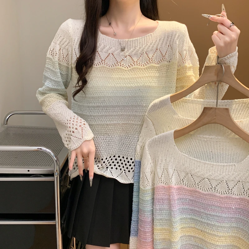 

Мягкий уютный полосатый трикотаж с вырезами, женский длинный свитер Све, весенне-осенний дизайн, сенсационный свитер, осень 2024, Новое поступление