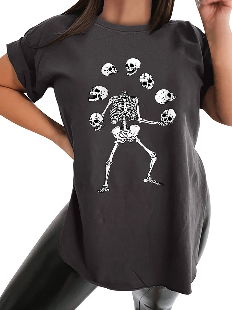 

Seeyoushy Funny Acrobatic Skeleton Skulls Print Women T-shirt Summer Loose Tee Shirt Vintage Loose Side Slit 90s Girl Tee Tops