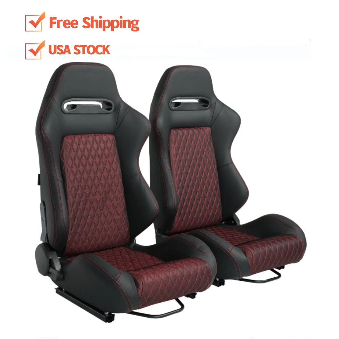 1035D 2PCS USA Stock Free Shipping Universal Leather With Red Shinny Breathable Mesh Fabric Car Racing Seats