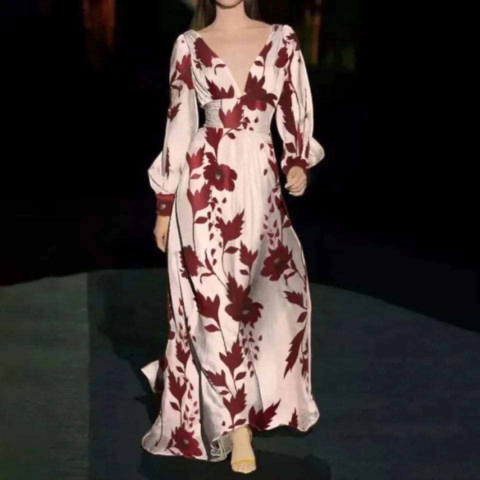 

Printed V-neck Long Dress Women's ting Lantern Sleeves Fashionable Spring New Style