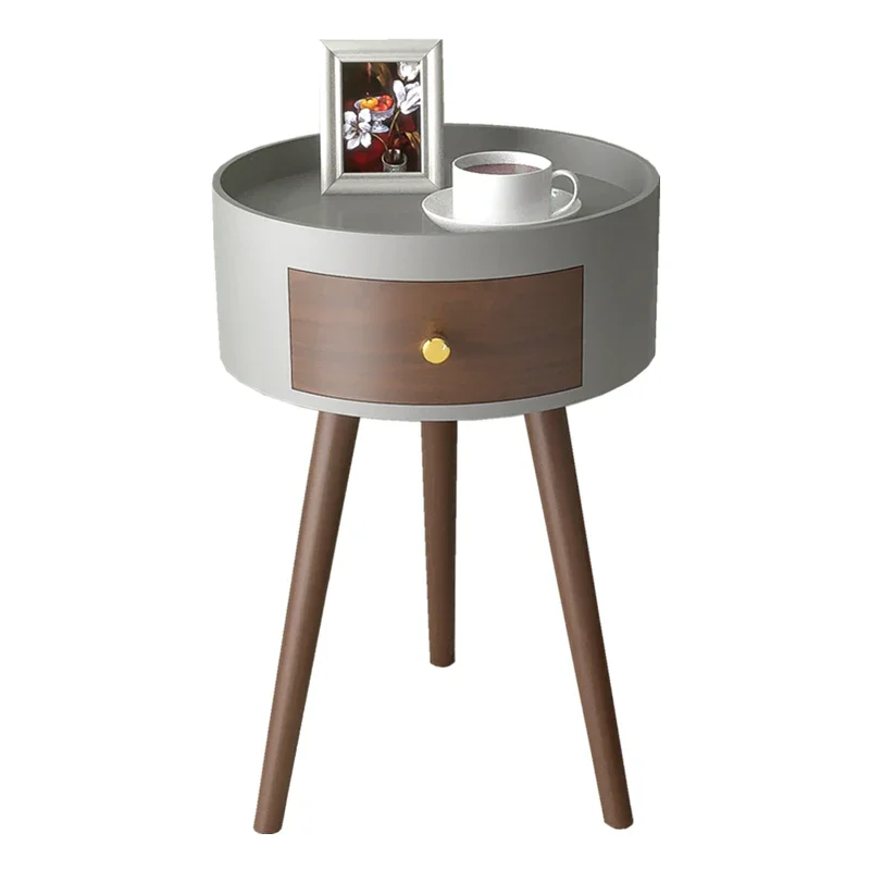 Nordic Style Nightstand, 3 Legs Wooden Bedside Table, Light Luxury Round Desk, Small Bedroom Coffee Lockers, Side Table