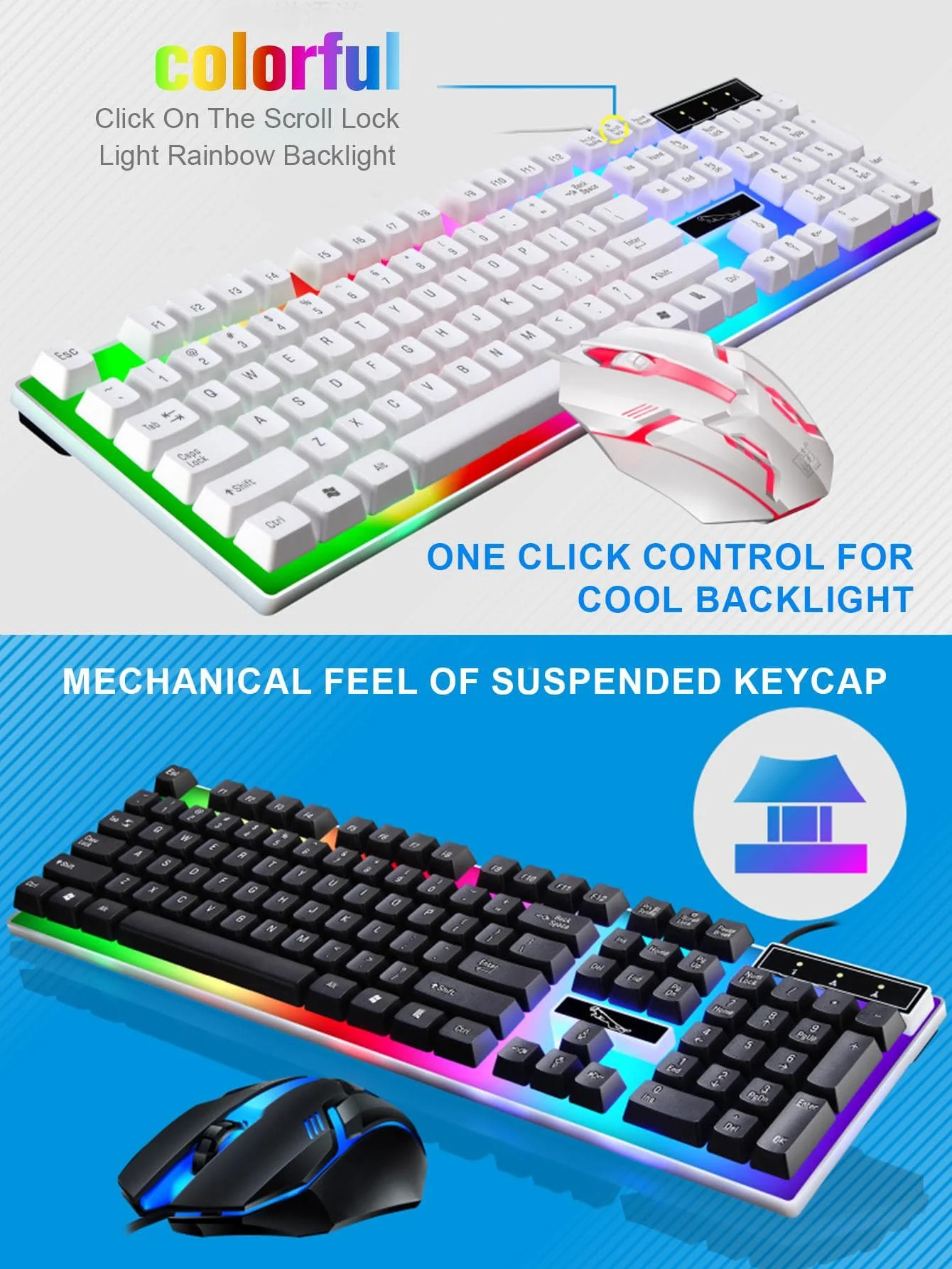 

Glow Mechanical Feel Wired Keyboard and Mouse Set, ergonomic design, suitable for both gaming and office use