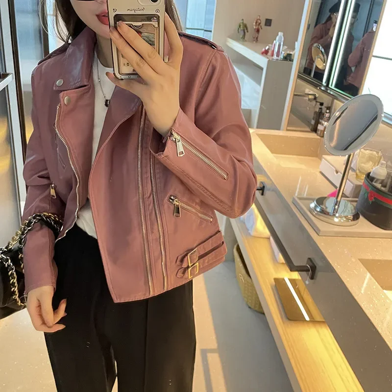 Dünne Kurze Faux Leder Mantel Frühling Frauen Streetwear Koreanische Beige Rosa Schwarz Revers Langarm Gestellte Motorrad Biker Jacke