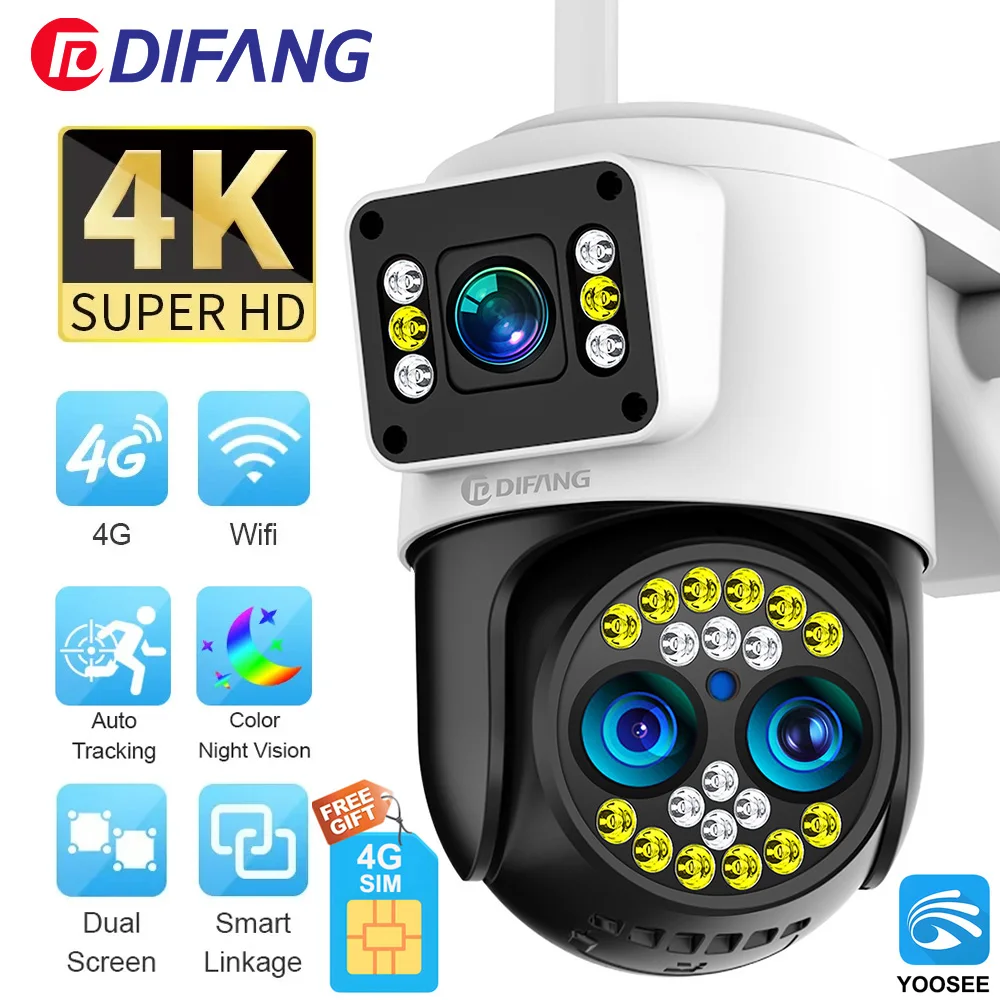 4K 8MP IP Camera WiFi Outdoor Waterproof 10x Zoom 4G Wireless Camera Yoosee Triple Lens Dual Screen Voice ColorNight Vision CCTV