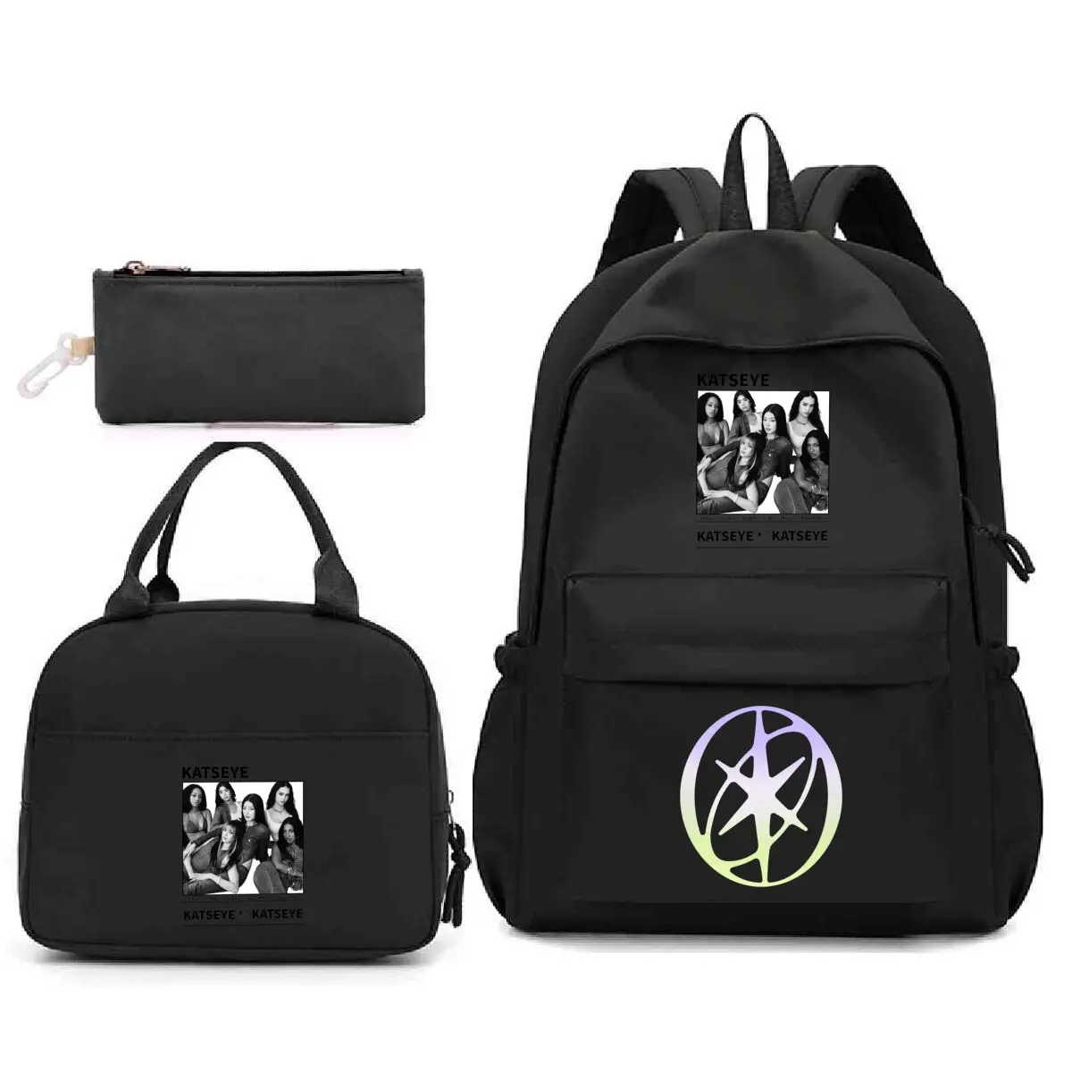 Teen Girls Katseye Print School Bag 3Pcs Set Casual Rucksack Backpack Matching Lunch Tote Bag and Stationery Pencil Case Kit