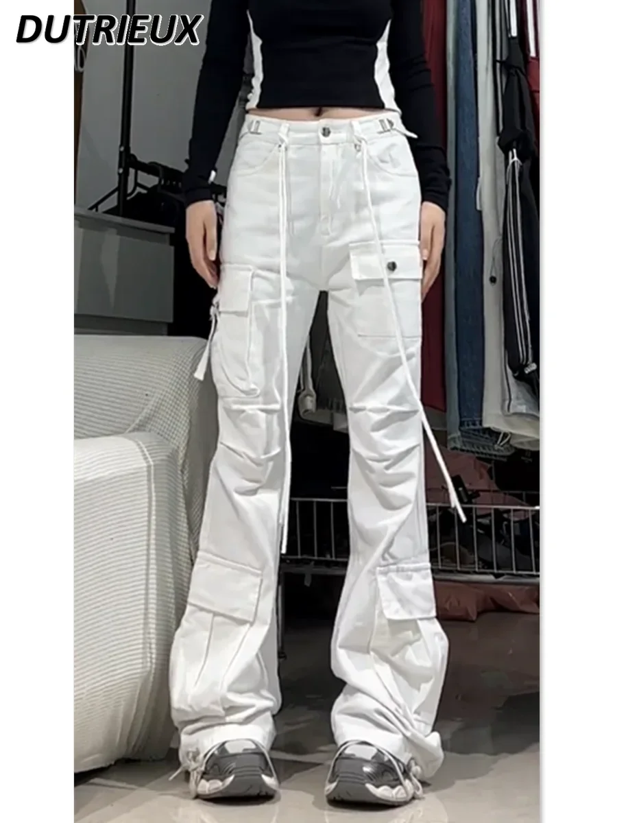 Y2k White Unifrom Slightly Flared Jeans Women's Summer American Style Sweet High Waist Slimming Pocket Decorative Trousers