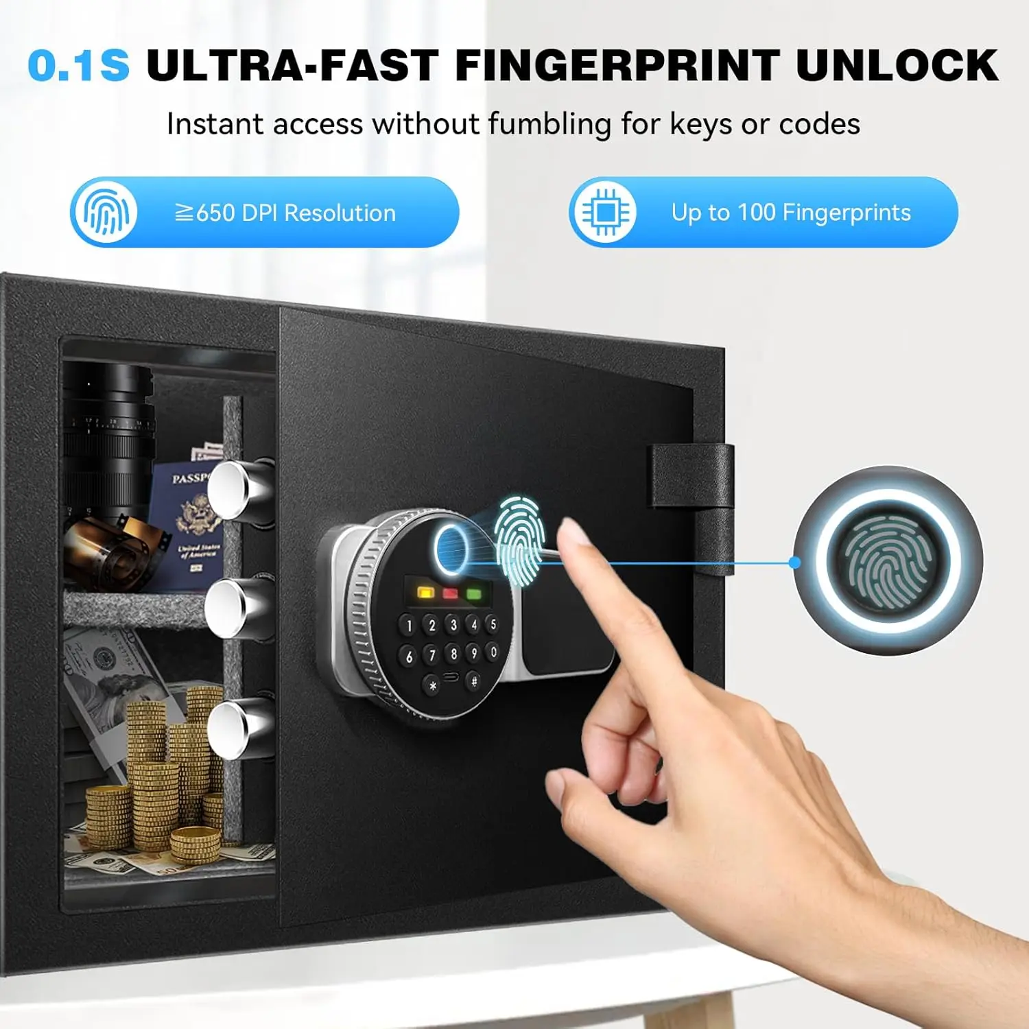 2.0 Cu Ft Fireproof Safe for Home, Safe Box with Biometric Fingerprint Lock, Digital Keypad, Removable Shelf & Keys, Home and Of