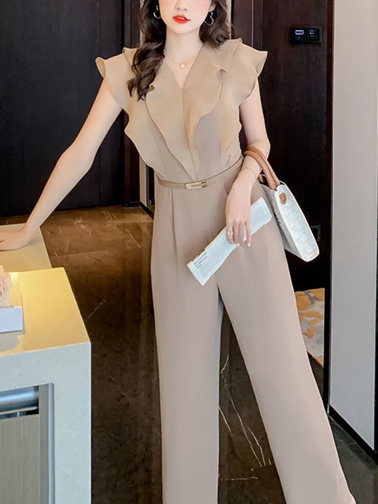 2022 Summer New V-neck Ruffles Women High Waist Jumpsuits Elegant Straight Loose Female Wide Leg Jumpsuit With Belt