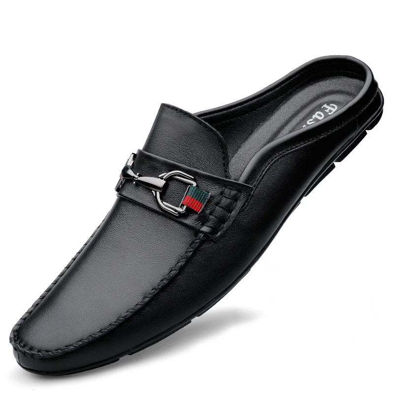 Big Size 46 Mules Men Half Slippers Slip On Flats Sneakers Genuine Leather Slide Sandals Backless Loafers Open-back Casual Shoes