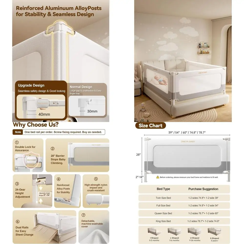 

Height-Adjustable Toddler Bed Rail Guard, 54 Tall Safety Side Rail for Full Beds, White/Grey