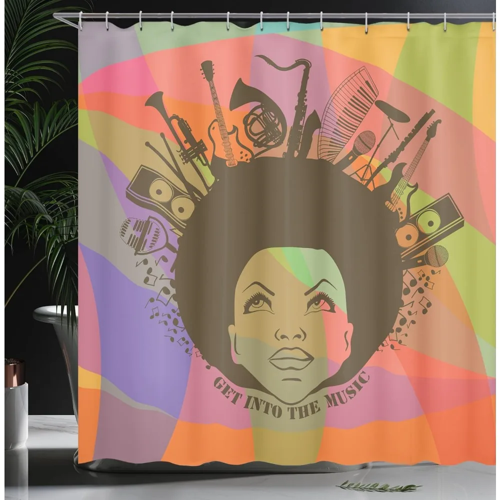 امرأة أمريكية شابة مع الآلات الموسيقية على ستارة الدش - ديكور حمام من القماش المطبوع