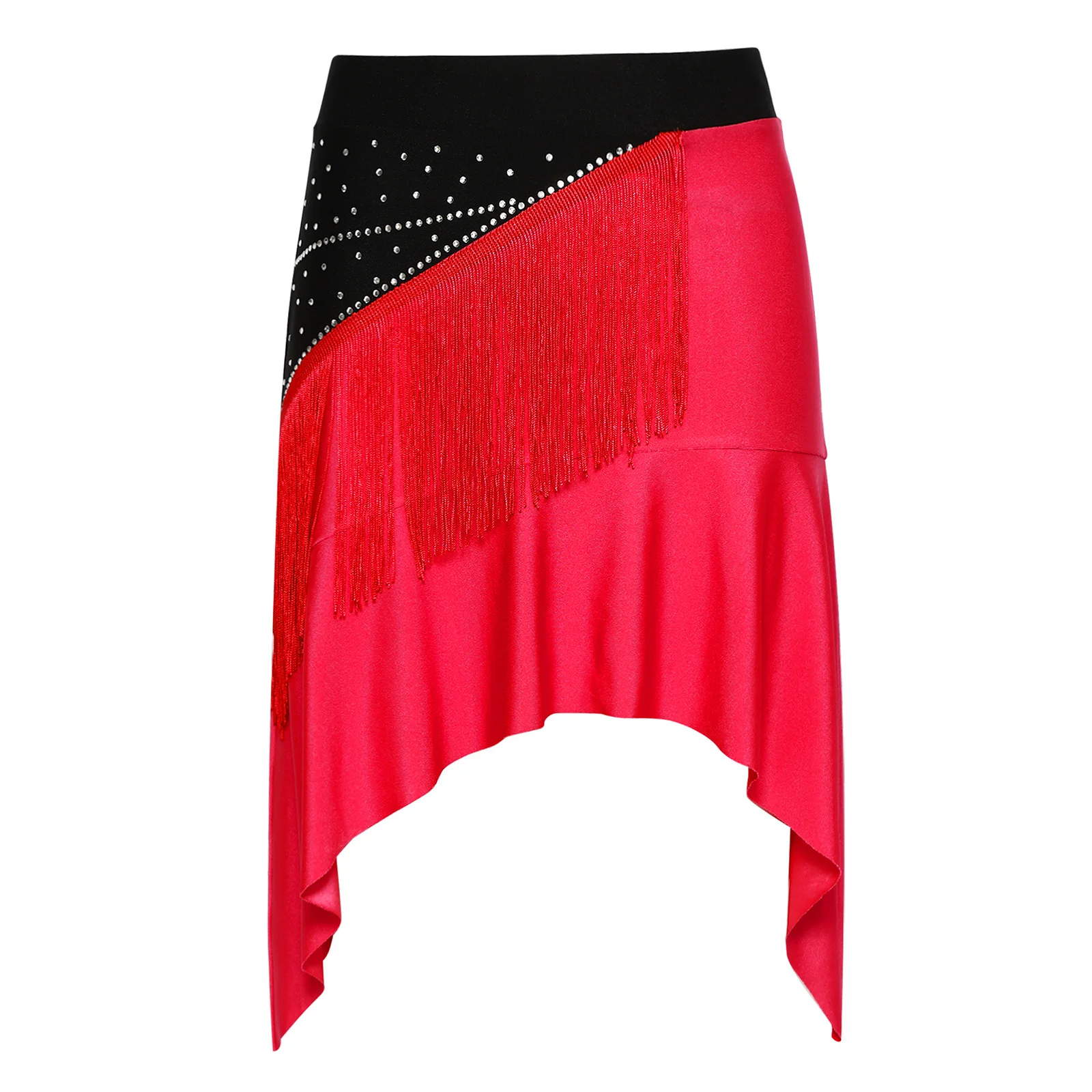 

Latin Dance Skirt for Women Tassel Fringe Glittery Rhinestones Color Block Irregular Hem Skirt for Salsa Tango Cha Cha Rumba