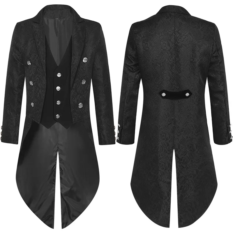 

New Halloween Mens Medieval Cosplay Black Jackets Devil Fashion Gothic Steampunk Tailcoat Costume Black Brocade Damask Wedding