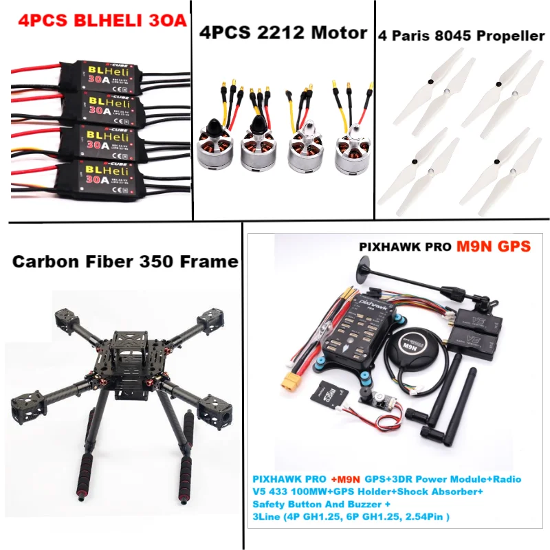 RctoSky คาร์บอนไฟเบอร์ 350 PIXHAWK PRO M9N KitFlight ควบคุม Ardupilot วิทยุ Telemetry Quadcopter BLHELI 30A 2212 มอเตอร์ ESC