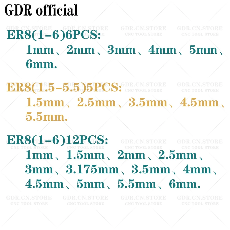 チャック付きer8erコレット,1mm, 2mm, 3mm, 4mm, 5mm, 3.175mm, 6mm