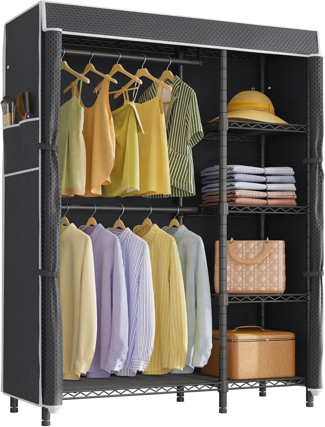 Basic Garment Rack with Cover Portable Closets for Hanging Clothes, Heavy Duty Clothes Rack with Shelves Metal Closet Wardrobe,